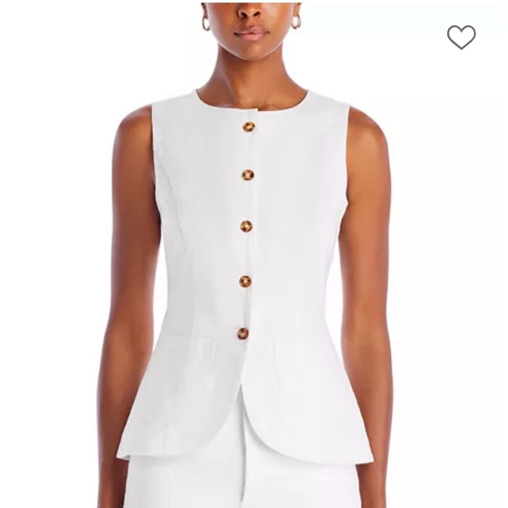 White Linen Blend Long Line Vest with Brown Buttons